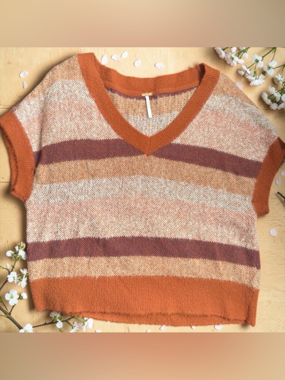 Free People Boxy V‑Neck Striped Knit Top - Rust, Mauve, Cream